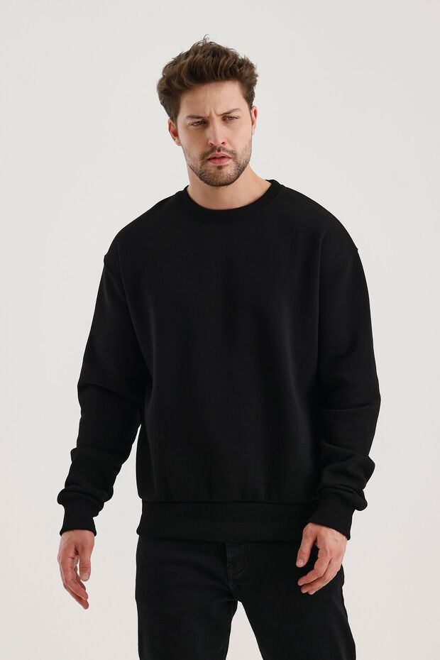 Siyah Bisiklet Yaka Oversize Şardonlu Basic Erkek Sweatshirt - 2