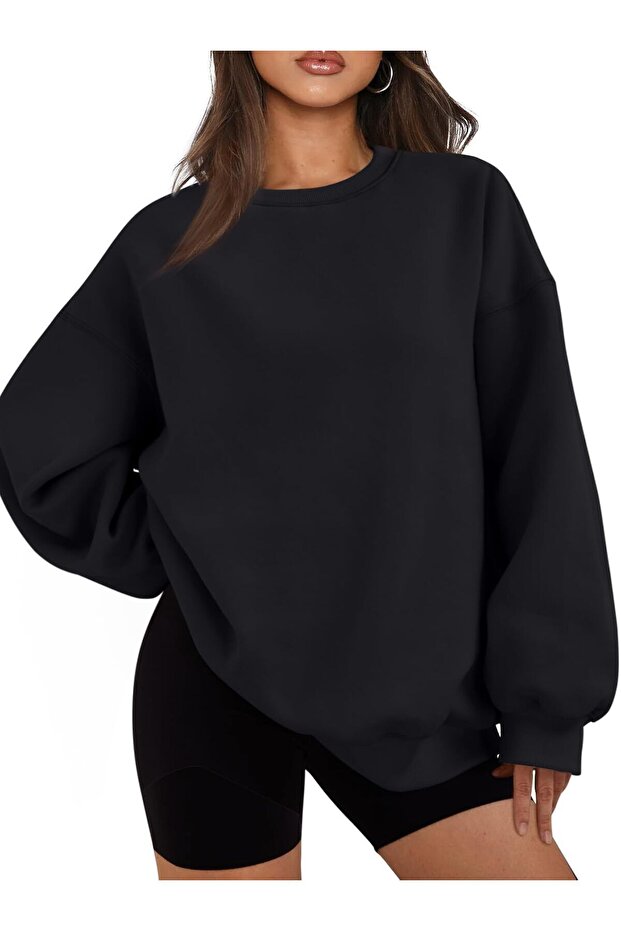 Kadın Bisiklet Yaka Basic Oversize Sweatshirt SİYAH - 3