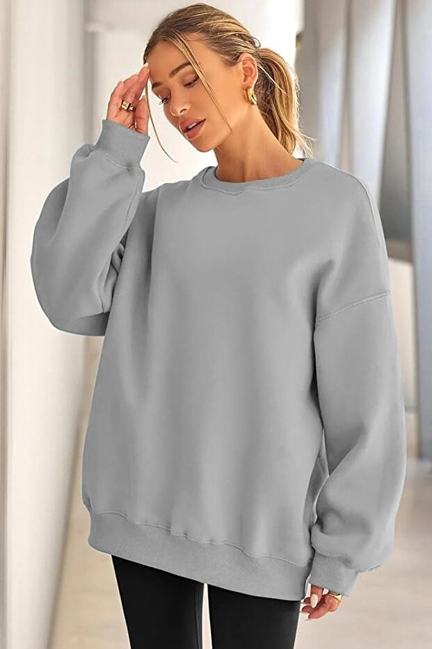Kadın Bisiklet Yaka Basic Oversize Sweatshirt GRİ - 3