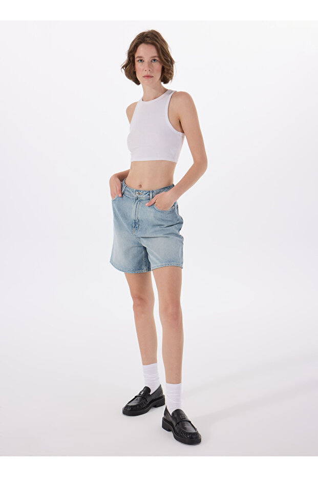 Yüksek Bel Regular Fit Mavi Kadın Denim Şort 50538863 - 2