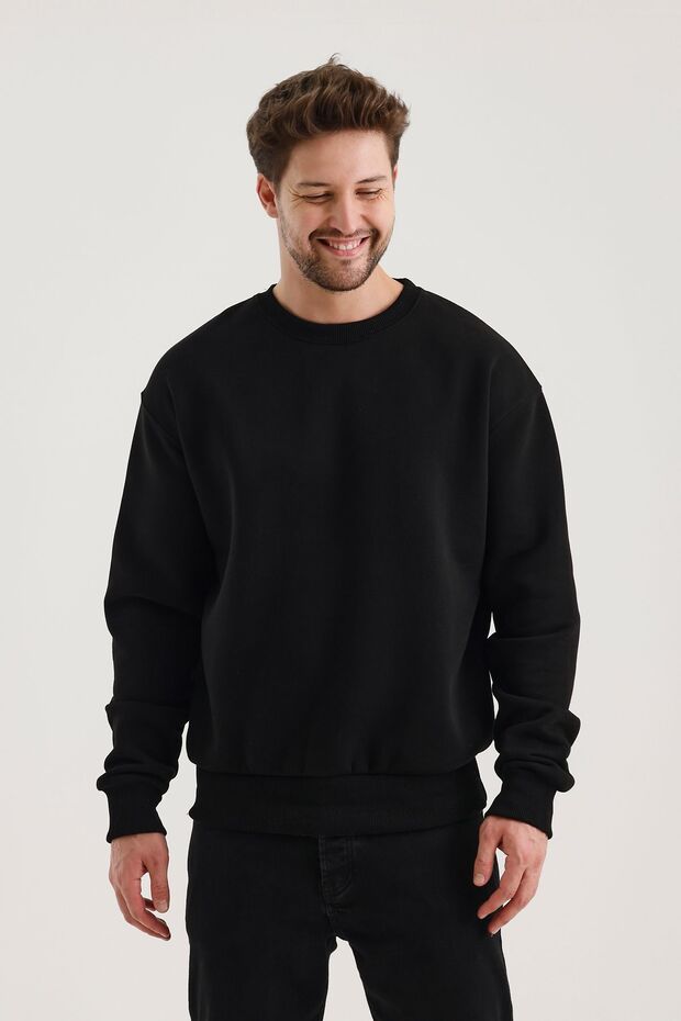 Siyah Bisiklet Yaka Oversize Şardonlu Basic Erkek Sweatshirt - 6