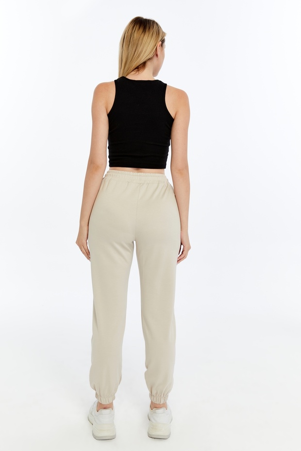 Kadın Krem Modal Kumaş Lastikli Paça Tek Alt Jogger Pantolon - 6