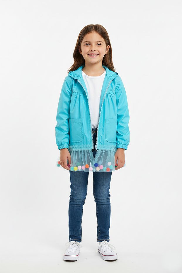 Girls' Raincoat Windbreaker with Pompom