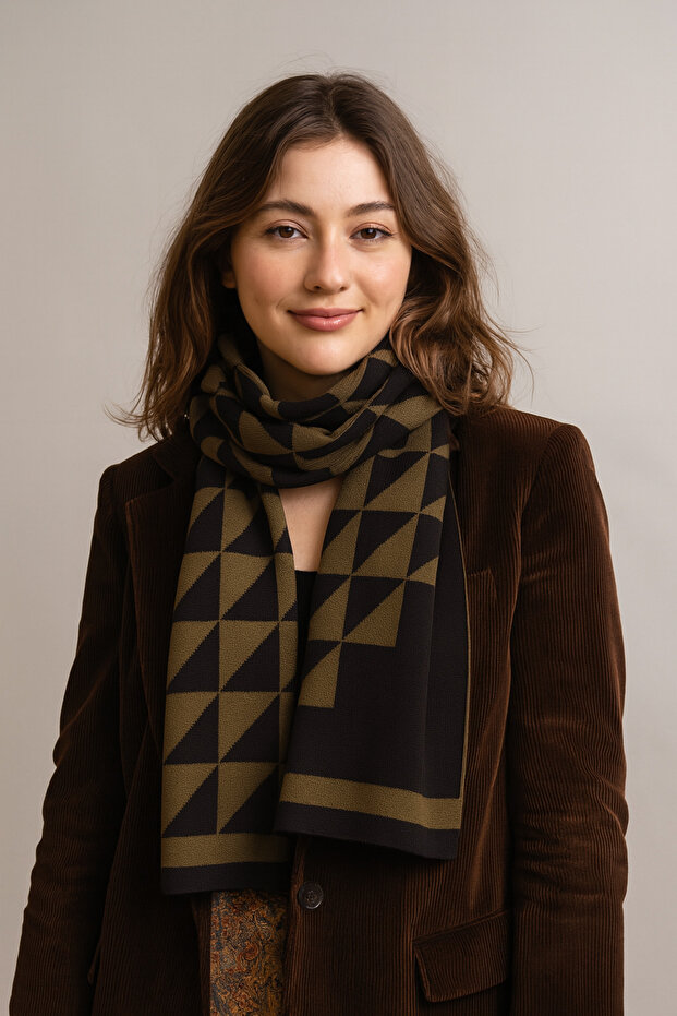Üçgen Desenli Triko Örme Atkı - 1