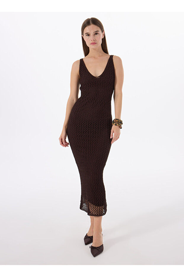 Kahverengi Kadın V Düz Örgü Elbise F5SL-ELB0105 - 2