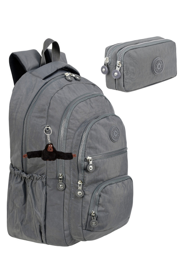 Set of 2 Gray Luxury Crinkle Fabric High School and Middle School Backpack + Pencil Case, with Monkey Keychain Gift