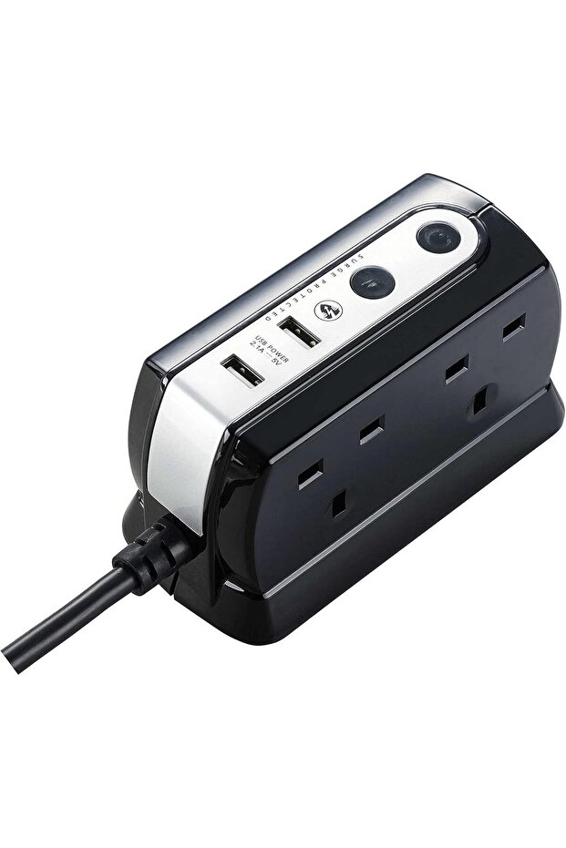 سلك تمديد عالي التحمل، 2 متر، 4 مقابس، محمي من زيادة التيار مع منفذي USB، أسود