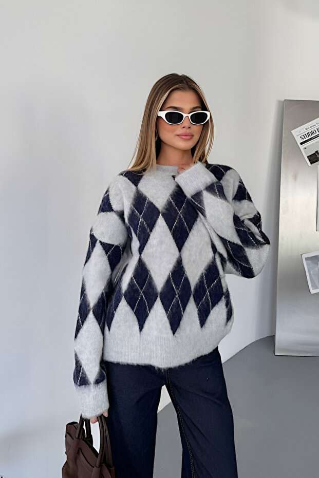 Baklava Desenli Oversize Kadın Kazak - 1