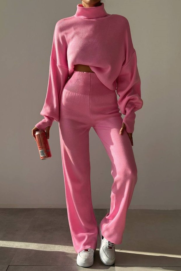 Hand-stitched Flexible Knitwear Pink Crop and High Waist Pink Knitwear Trousers Top and Bottom Set 015