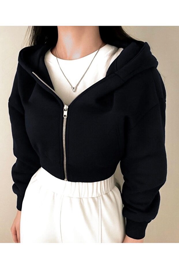Black Zippered Crop Sweatshirt Cardigan