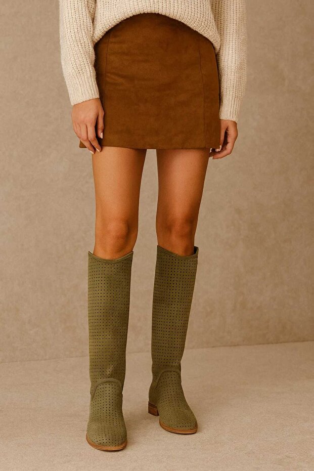 Női rövid sarkú köröm zöld lézerrel vágott perforált csizma sarok - 2