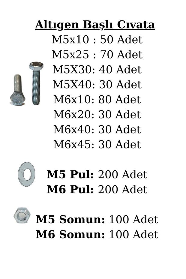 1600 parça 17 çeşit altıgen başlı Cıvata, Somun, Pul Seti - 4