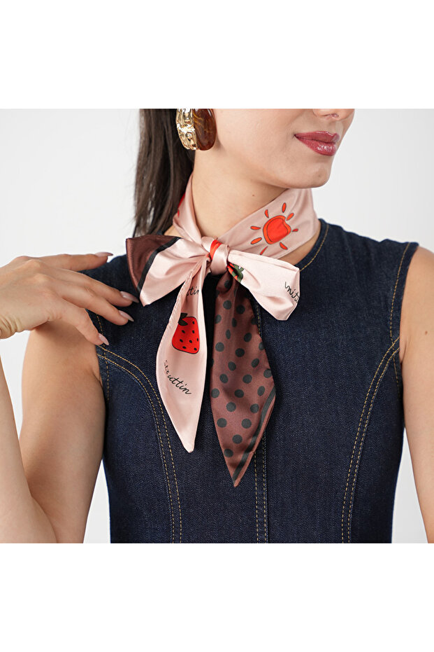 Brown Harmony Scarf with Strawberry & Ice Cream Design