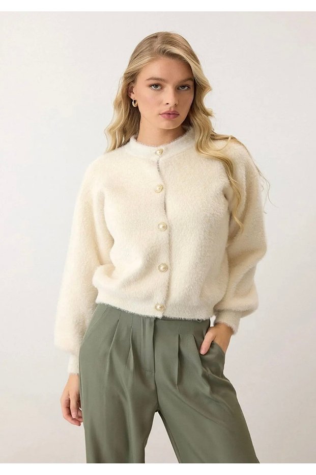 Pearl Buttoned Bearded Balloon Sleeve Women's Knitwear Soft Cardigan