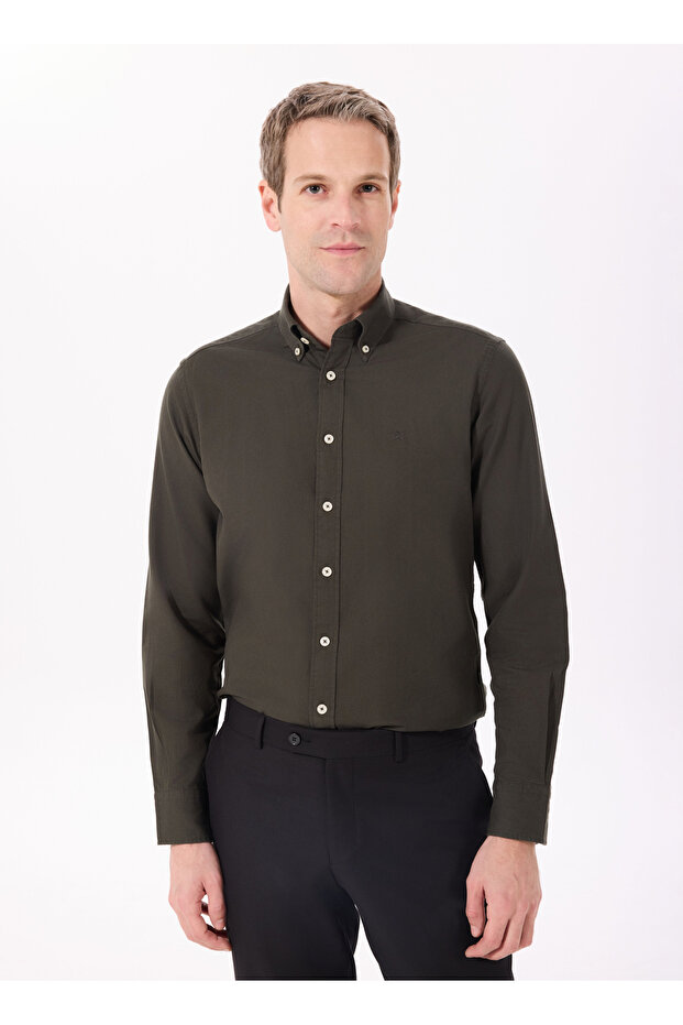Slim Fit Gömlek Yaka Koyu Kahve Erkek Gömlek HM3010028 - 1