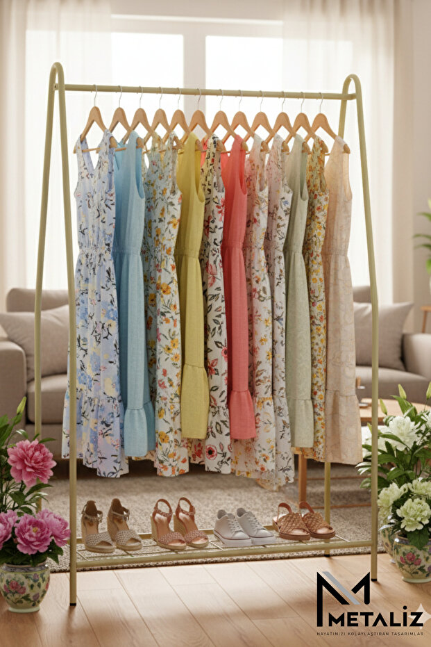 Oval Telli Gold Butik Elbise Askılığı Konfeksiyon Ayakkabılıklı Elbise Askılığı – Raflı Askı - 1