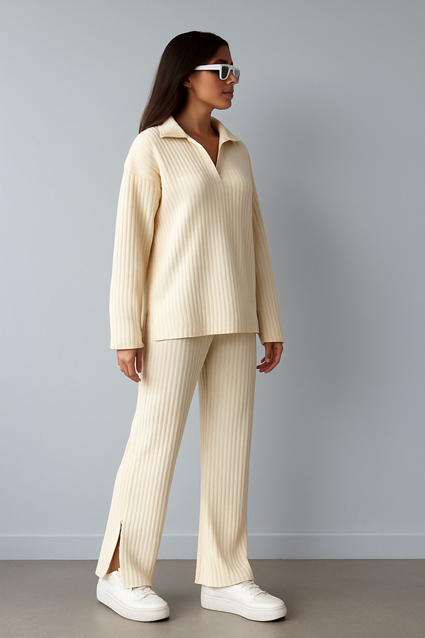 Women's Ribbed Collar Zippered Leg Slit Side Zippered Knitwear Set New Season Combination