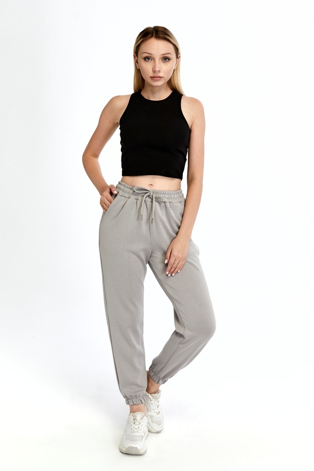 Kadın Gri Modal Kumaş Lastikli Paça Tek Alt Jogger Pantolon - 3