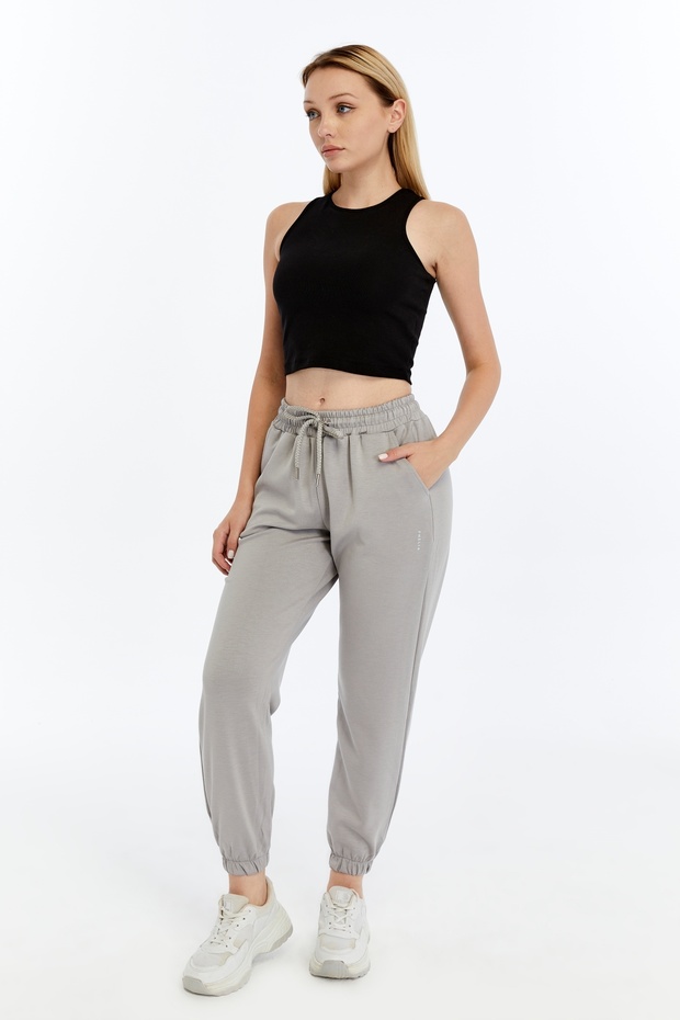 Kadın Gri Modal Kumaş Lastikli Paça Tek Alt Jogger Pantolon - 1