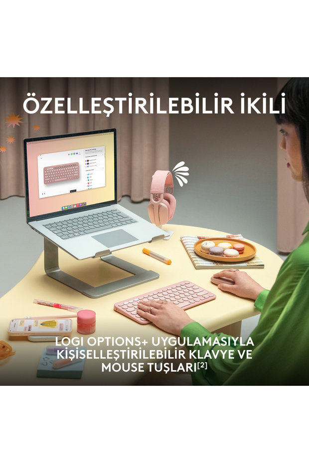 Pebble 2 Set Çoklu Cihaz Özellikli Sessiz Kablosuz Türkçe Q Klavye ve Mouse Seti - Pembe - 5