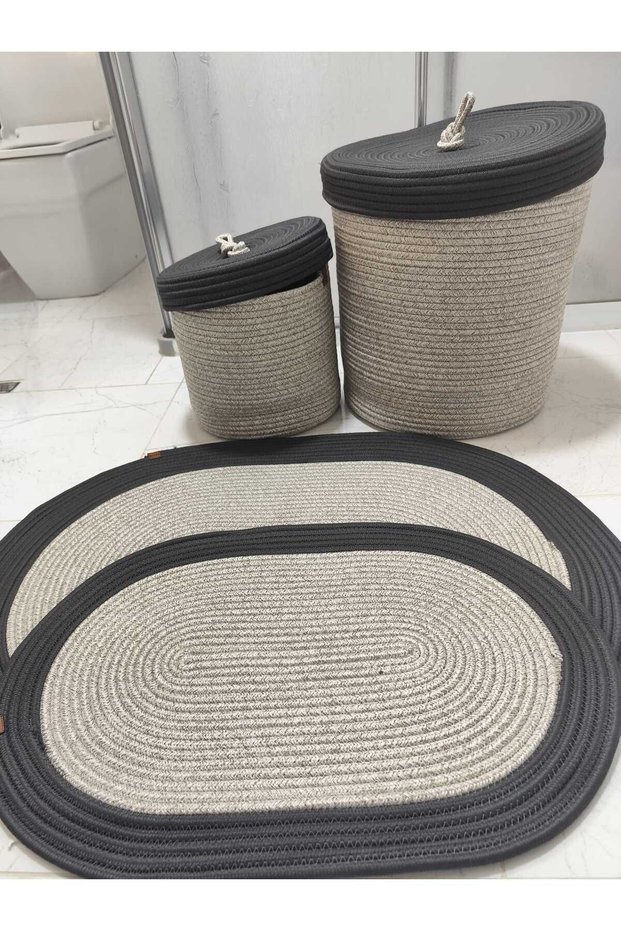Jute Straw 4-Piece Bathroom Mat Set Bohemian Style Bathroom Set Mat: 50X80/ 40X60 /Baskets 30X20X10
