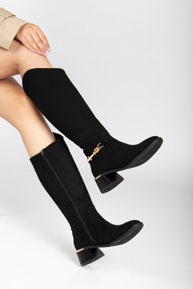 Women's Below-The-Knee Boots with Gold Buckle Detail and Zipper, Casual Boots, Lina Black Suede