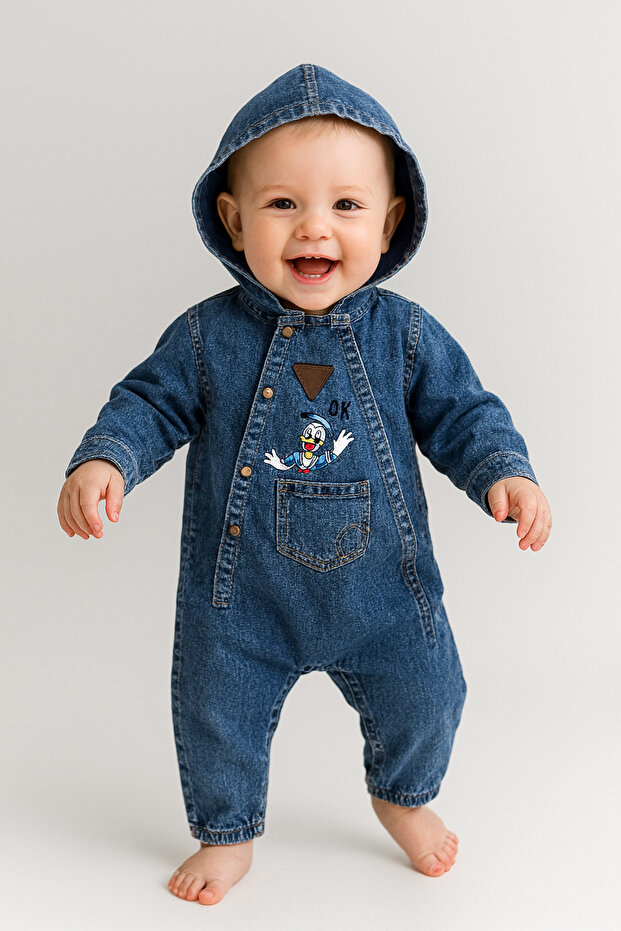 Unisex Child Baby Denim (JEANS) Printed Hooded Romper Jumpsuit (3/6/9/12/18/24) Months