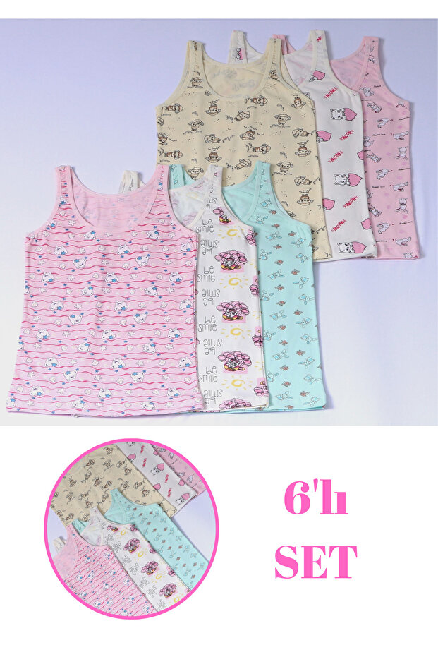 Girls' T-Shirt with Thick Straps and Patterned Set of 6