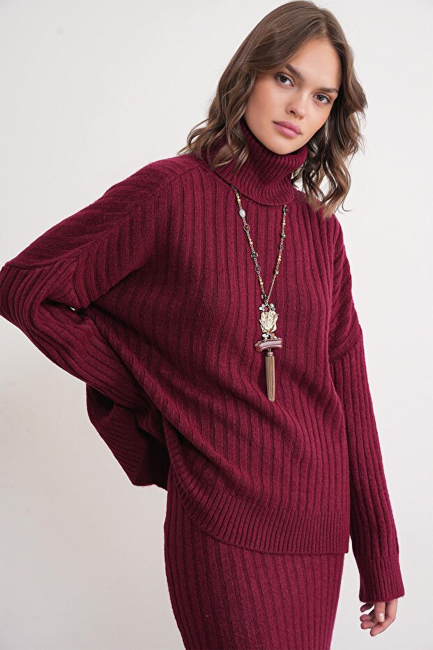 6928 Women's Ribbed Turtleneck Knitwear Sweater Claret Red