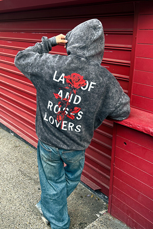 Roses Lovers Printed Oversize Unisex Washable Black Hoodie