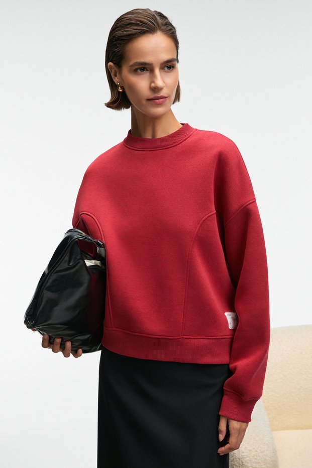 SERENYA Women's Cotton Label Detail Crew Neck Red Sweatshirt
