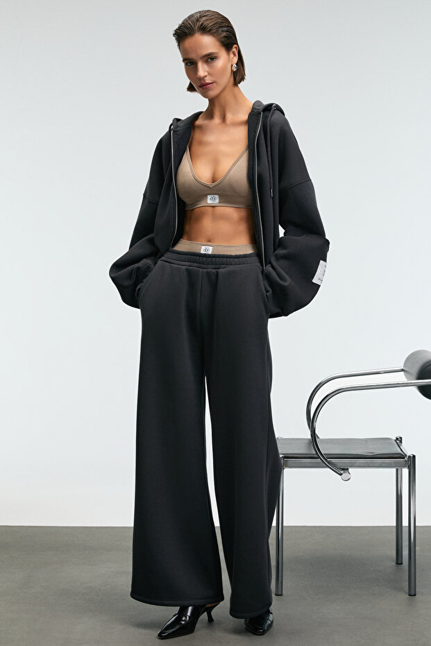 ENAVIE Women's Oversized Elastic-Waist Double-Pocket Anthracite Sweatpants