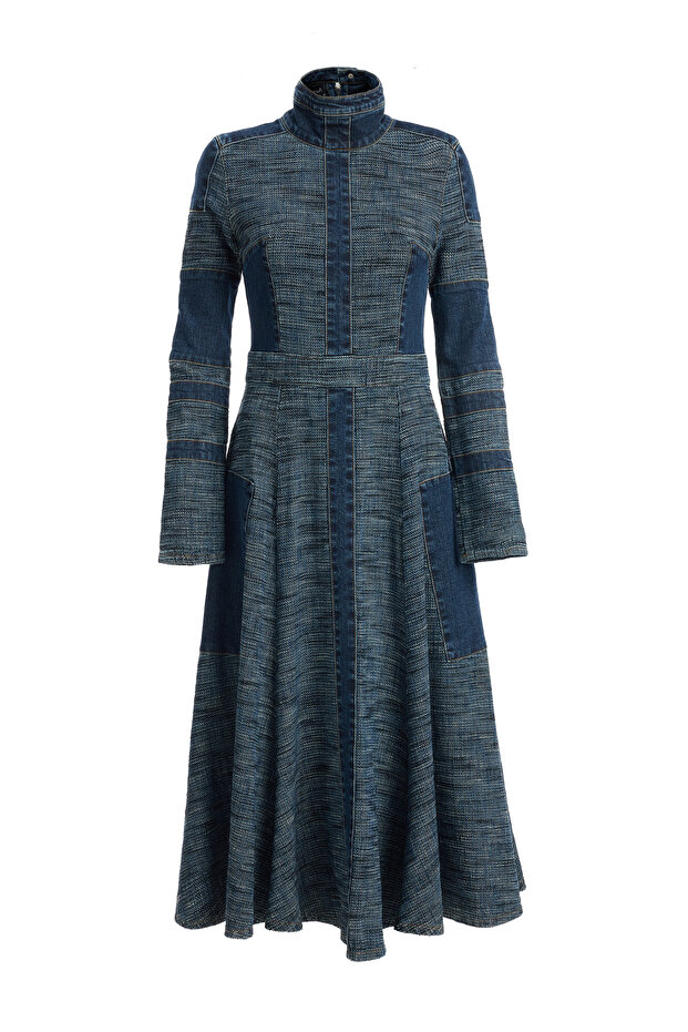 Kadın Şeritli Denim Elbise - 5