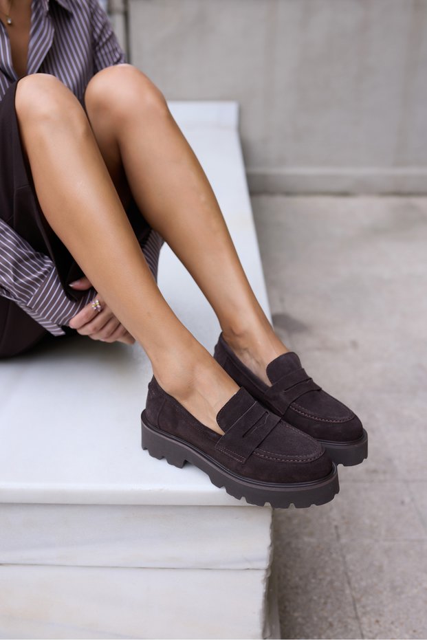 ALBERTO WOMEN'S BROWN REAL SUEDE LOAFERS SHOES