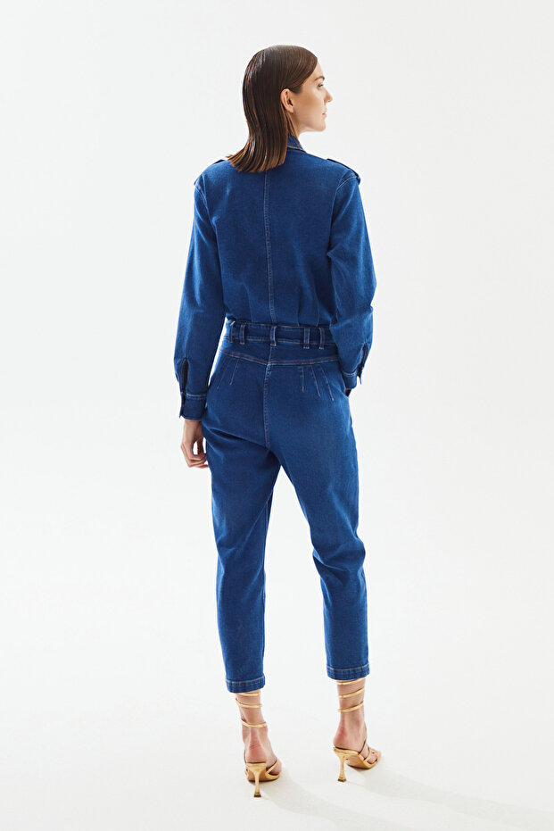 Kadın Cepli Denim Tulum - 4