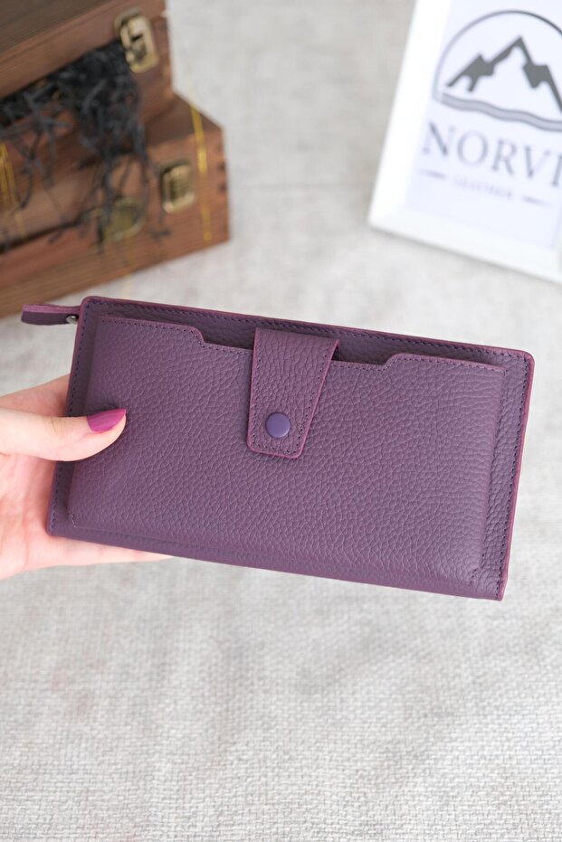Genuine Leather Zippered Wallet with Phone Compartment Purple 1163