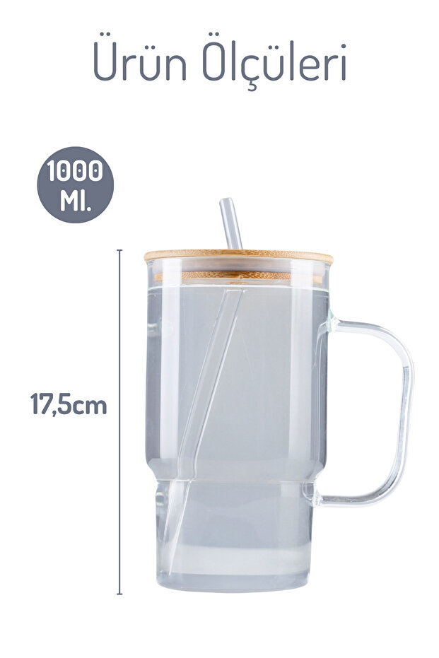 Bambu Kapaklı, Borosilikat Cam Mug, Cam Pipet  1Lt. - 4