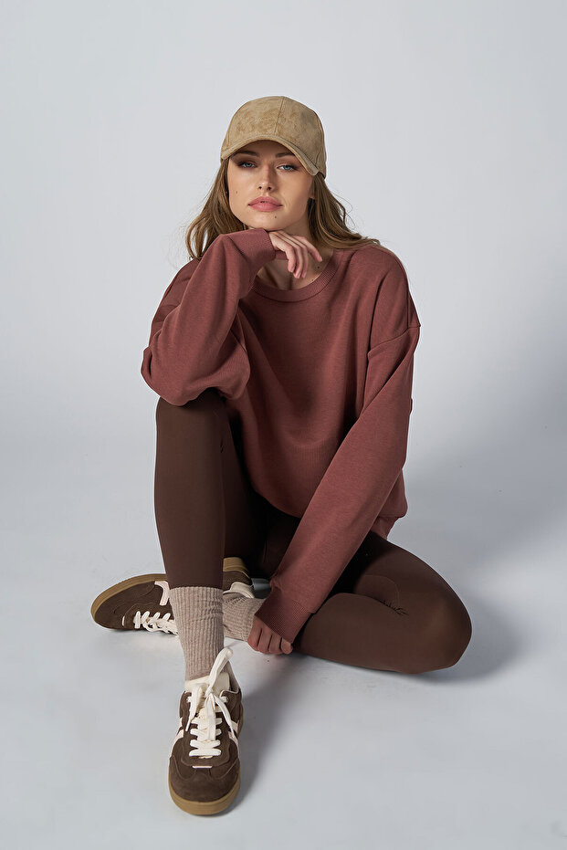 Peak Kadın Toprak Oversize Bisiklet Yaka Basic Sweatshirt 7015 - 5