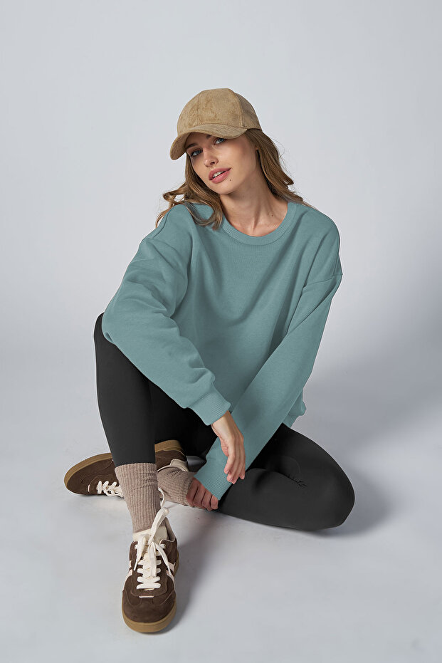 Peak Kadın Mavi Oversize Bisiklet Yaka Basic Sweatshirt 7015 - 3