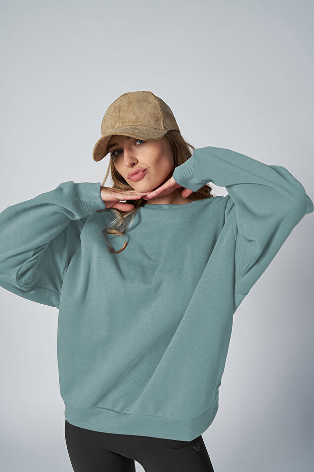 Peak Kadın Mavi Oversize Bisiklet Yaka Basic Sweatshirt 7015 - 4