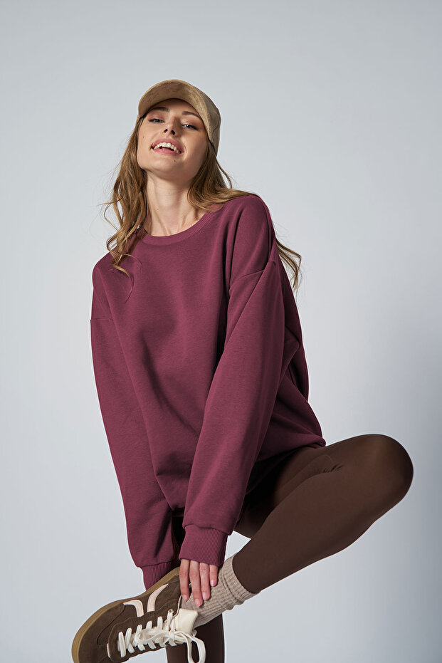 Peak Kadın Plum Oversize Bisiklet Yaka Basic Sweatshirt 7015 - 2