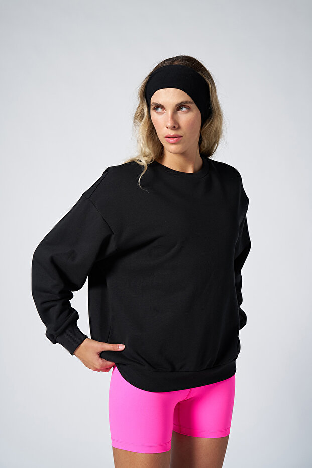 Peak Kadın Siyah Oversize Bisiklet Yaka Basic Sweatshirt 7015 - 6