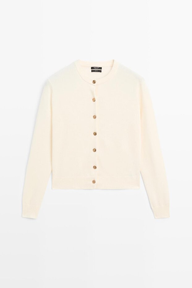 Altın rengi düğmeli %100 yün triko hırka - 5