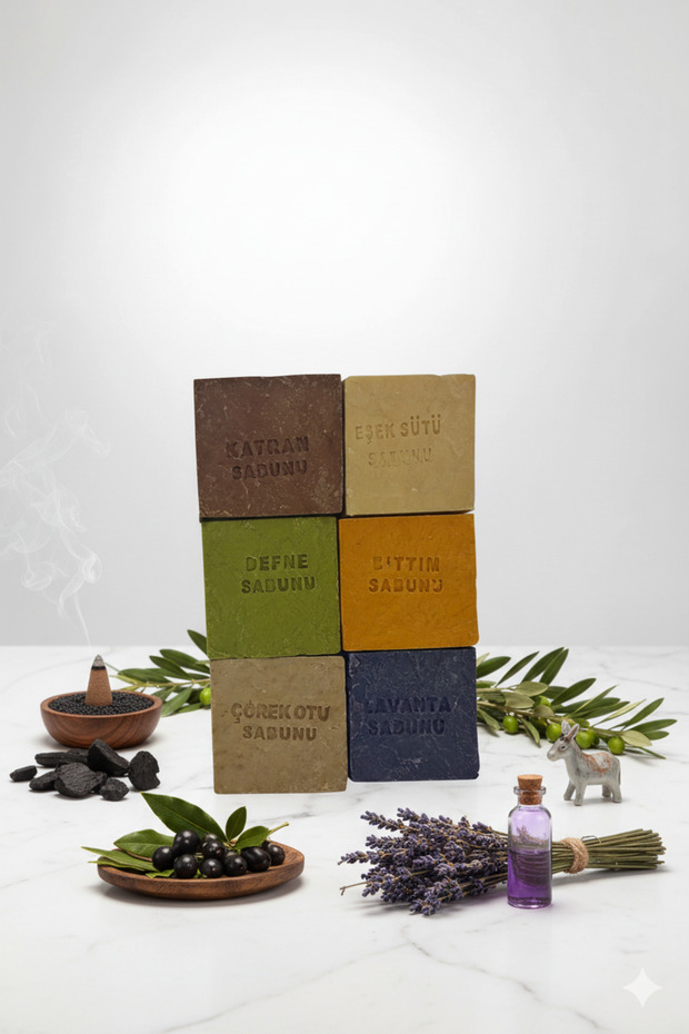 Mardin Natural Soap 6-Piece Soap (ARDIÇ KATRANI, LAVENDER, Donut Milk, ÇÖKEK HERB, DEFNE, BITTIM)