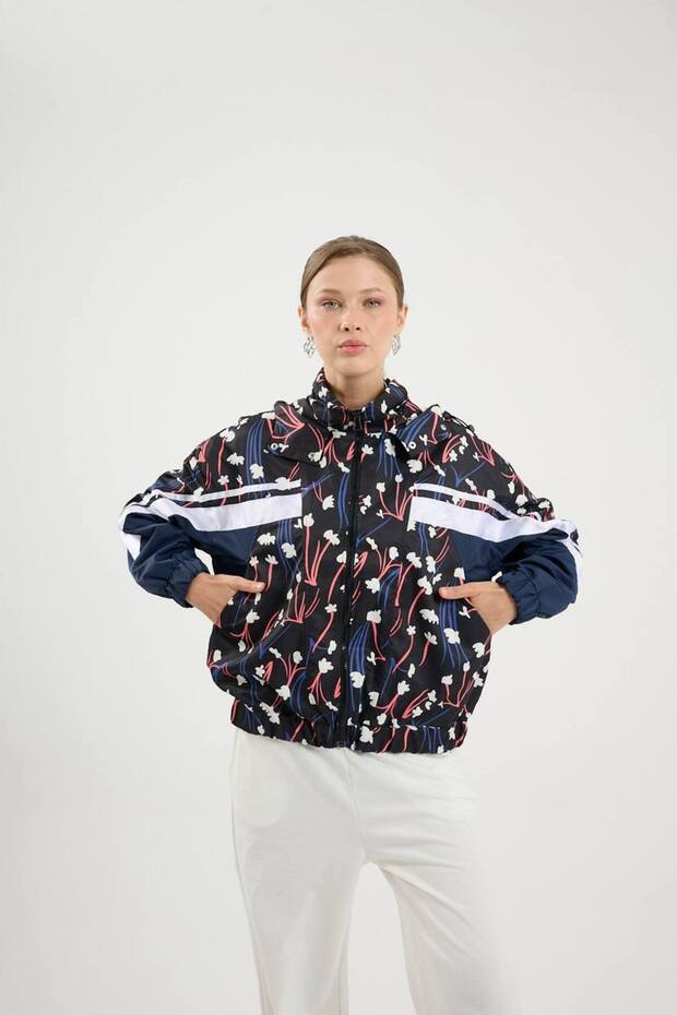 Baskılı Şeritli Kadın Oversize Yağmurluk - 3