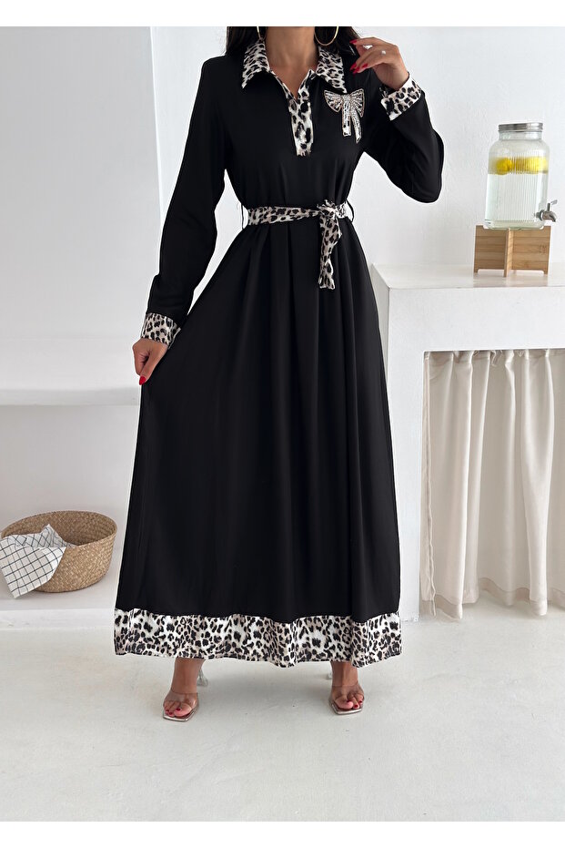 Women's Black Color Leopard Pattern Detailed Belted Hijab Suitable Long Length Dress