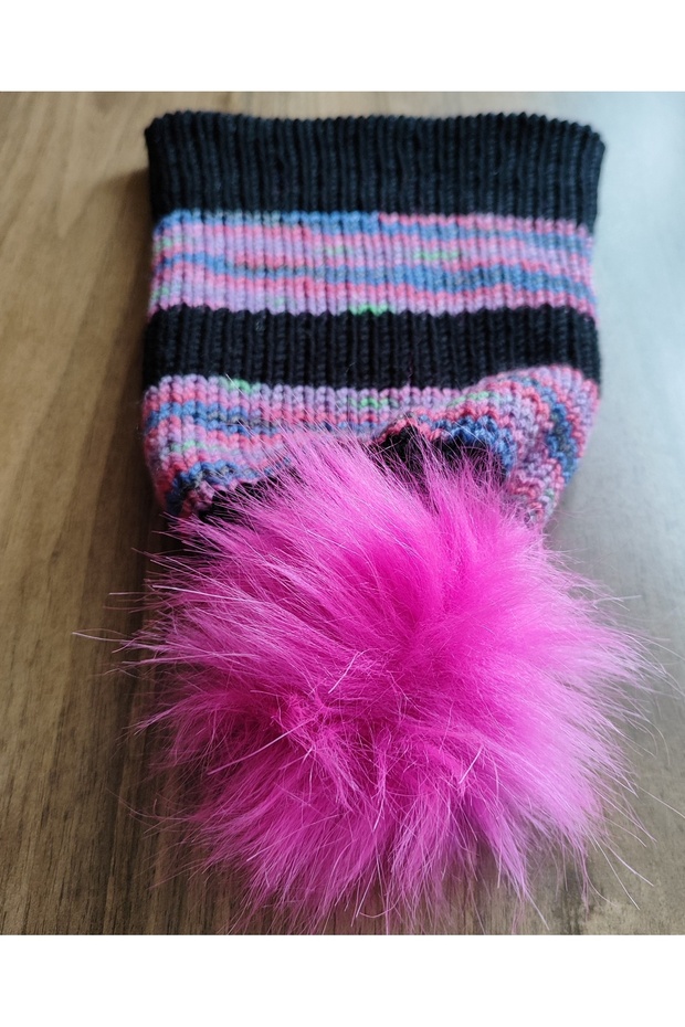 El Örgüsü Çift Kat Siyah Pembe Ponponlu Bere - 6