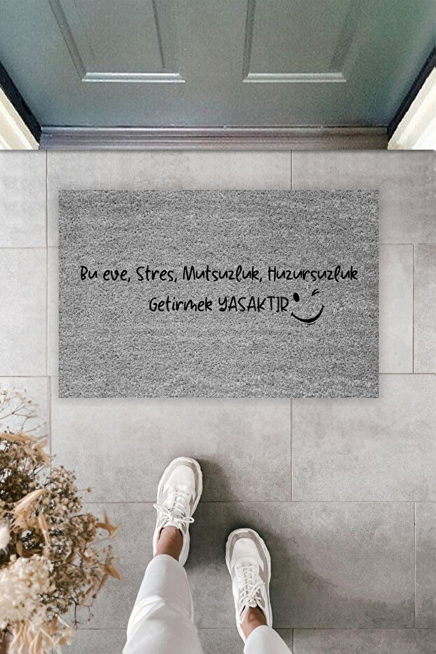 Modern Dijital Baskı Gri Stres Getirmek Yasak Kapı Önü Paspas 70x45cm - 3