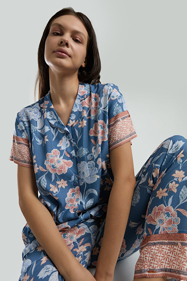 Women's Shirt Collar Pigment Printed Summer Regular Fit Blue Shirt Pajama Set Ar3201-S-V2