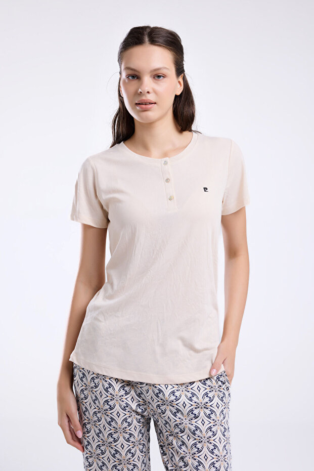 Women's Hakim Collar Pigment Printed Summer Regular Fit Cream Pajama Set Pc8961-S-V1